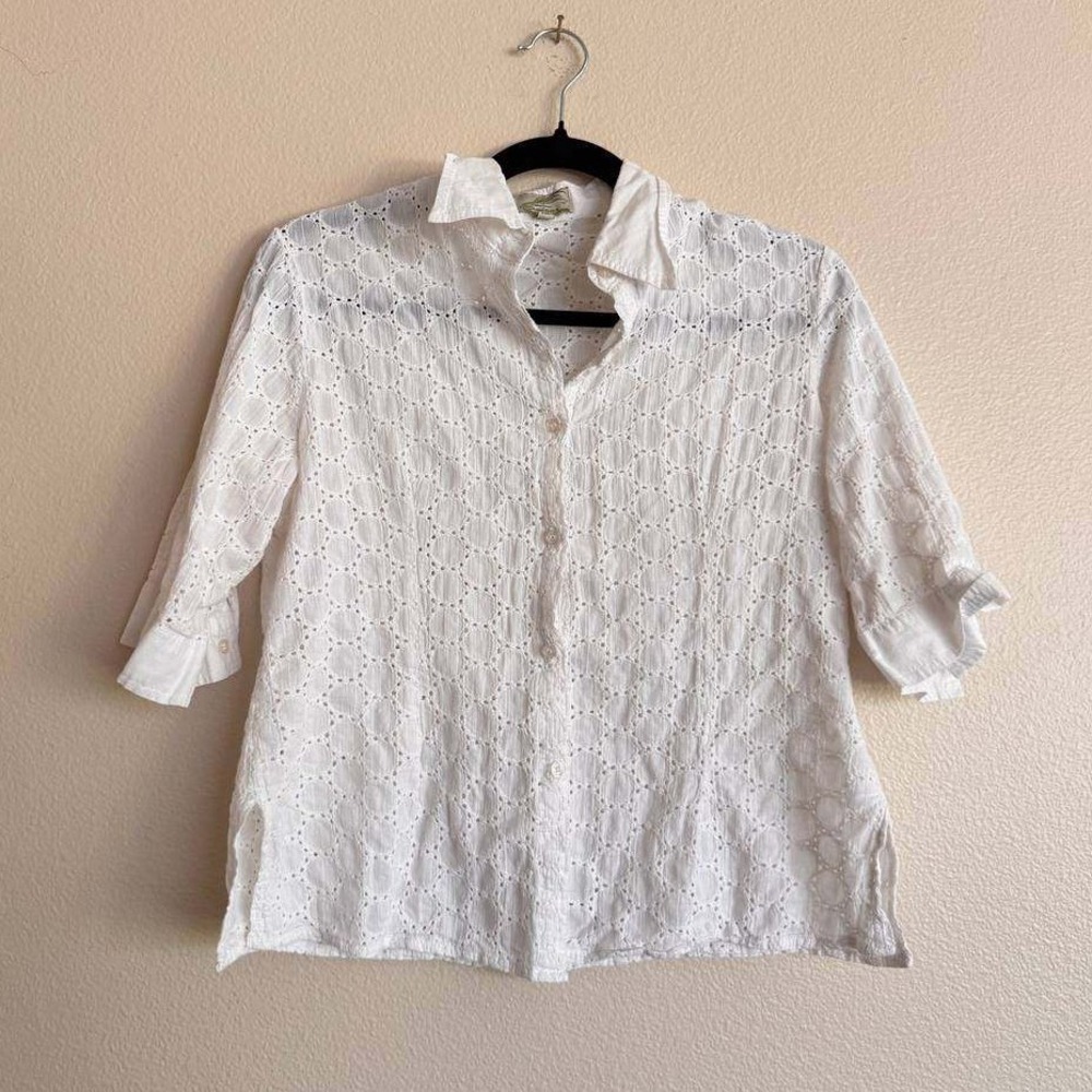 White Eyelet Lace Button Up Blouse Cottagecore Coquette Boho Ruffle Sleeve XL